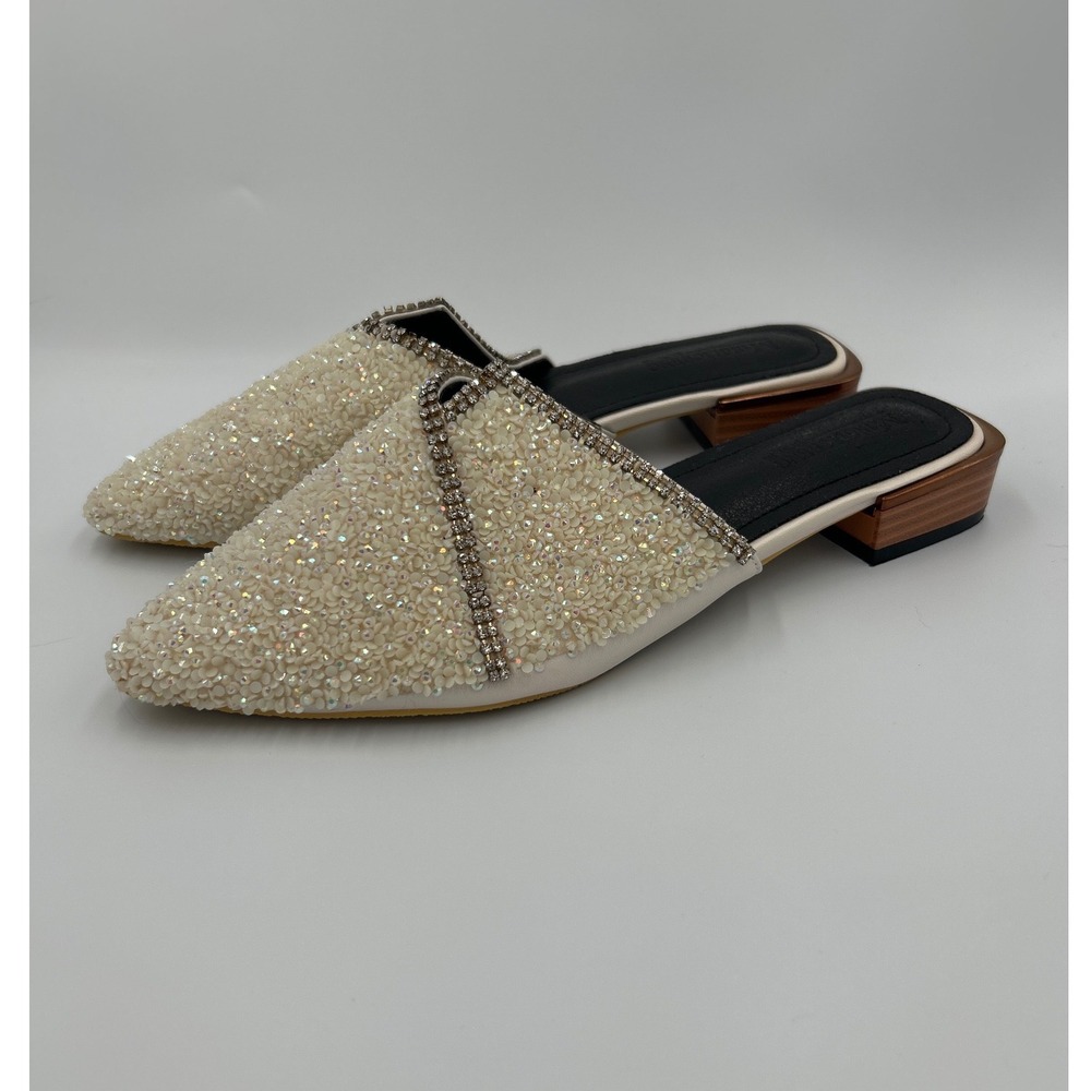 Minglicheng Ivory Sequin Rhinestone Pointed Toe‎ Mules Low Block Heel Size 42